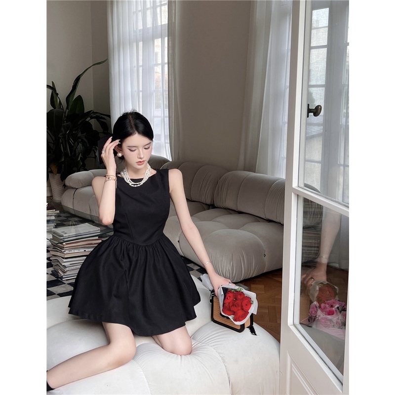 Đầm Chữ A Sát Nách Cổ Tròn Dáng Rộng Màu Đen Phong Cách Pháp Thời Trang Mùa Hè Cho Nữ