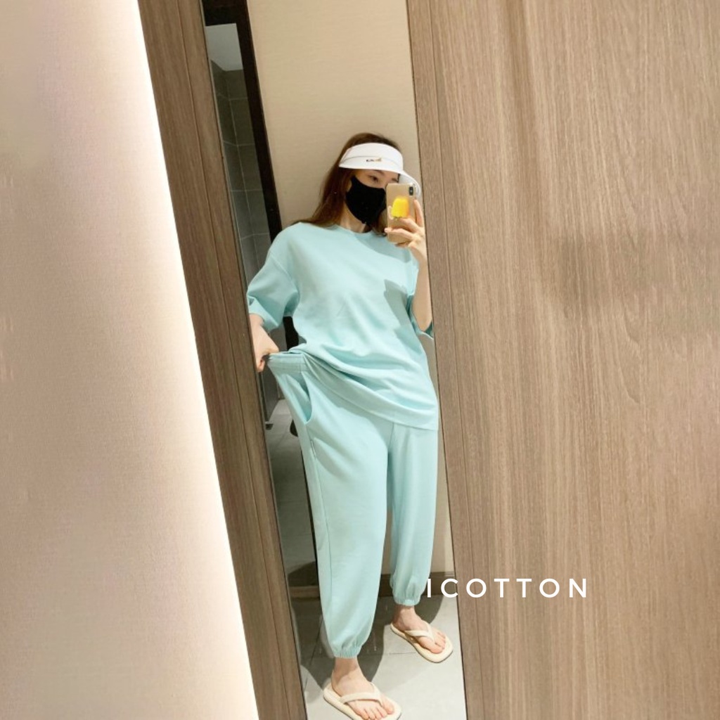 Bộ đồ mặc nhà ICOTON set áo cộc quần bo chun vải da cá 100% cotton cao cấp