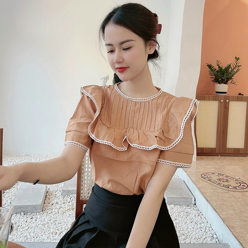 Áo Sơ Mi Nữ Kiểu Chất Đũi Ngắn Tay Cổ Tròn Bèo Ren - 6 Màu Xanh Đen Vàng Nâu Be Trắng - Hanlly Fashion Thời Trang - A14