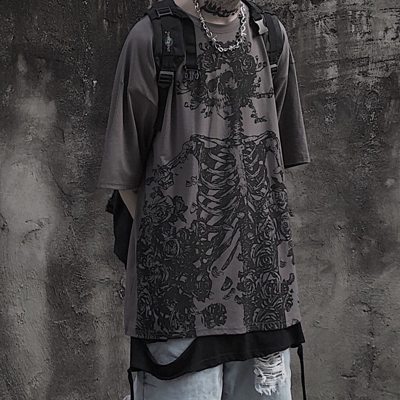 Áo thun MMIOT ngắn tay dáng rộng in họa tiết bộ xương cá tính thời trang mùa hè