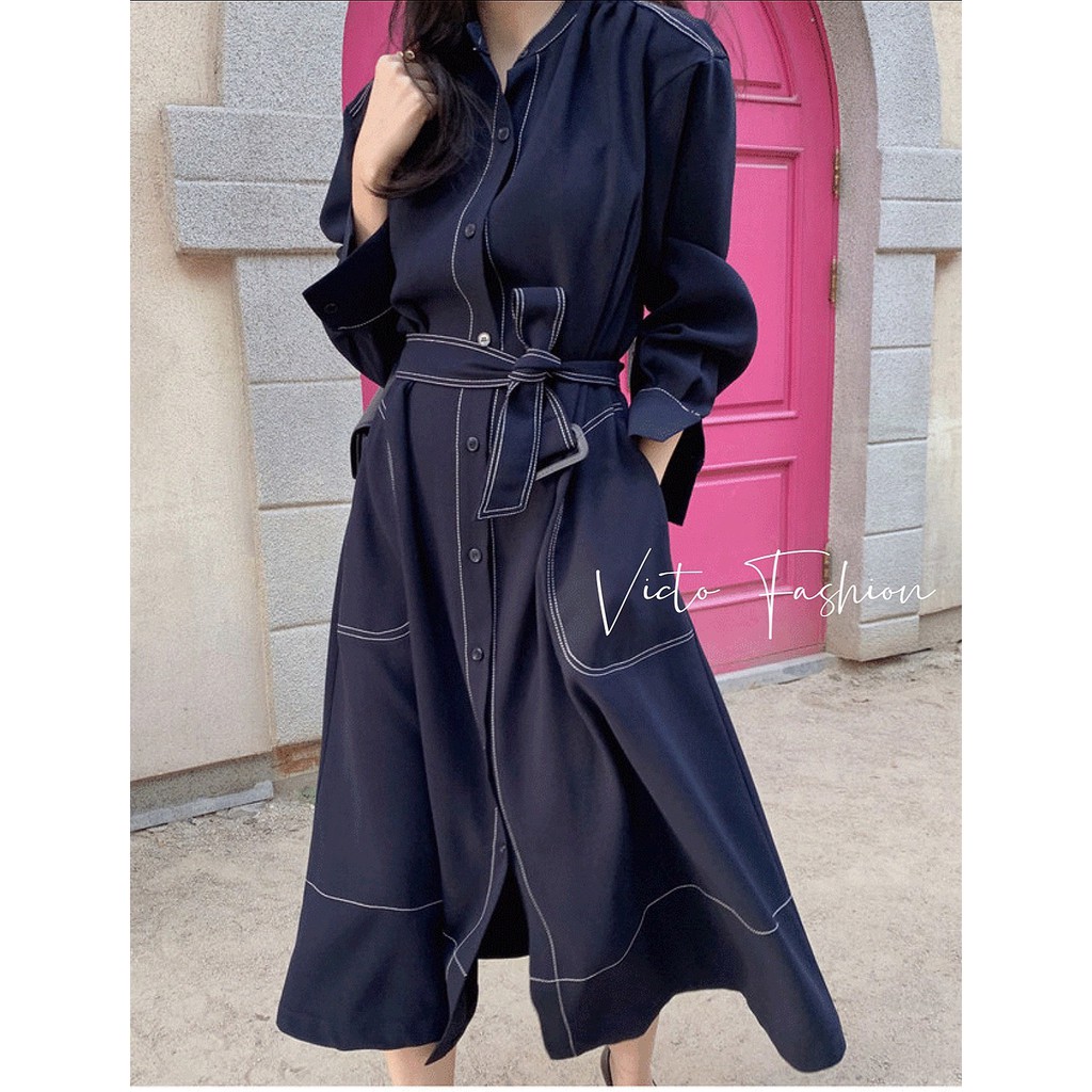 Áo Khoác Khaki Dáng Dài Hàn Quốc Đầm Vest Công Sở Kèm Thắc Lưng