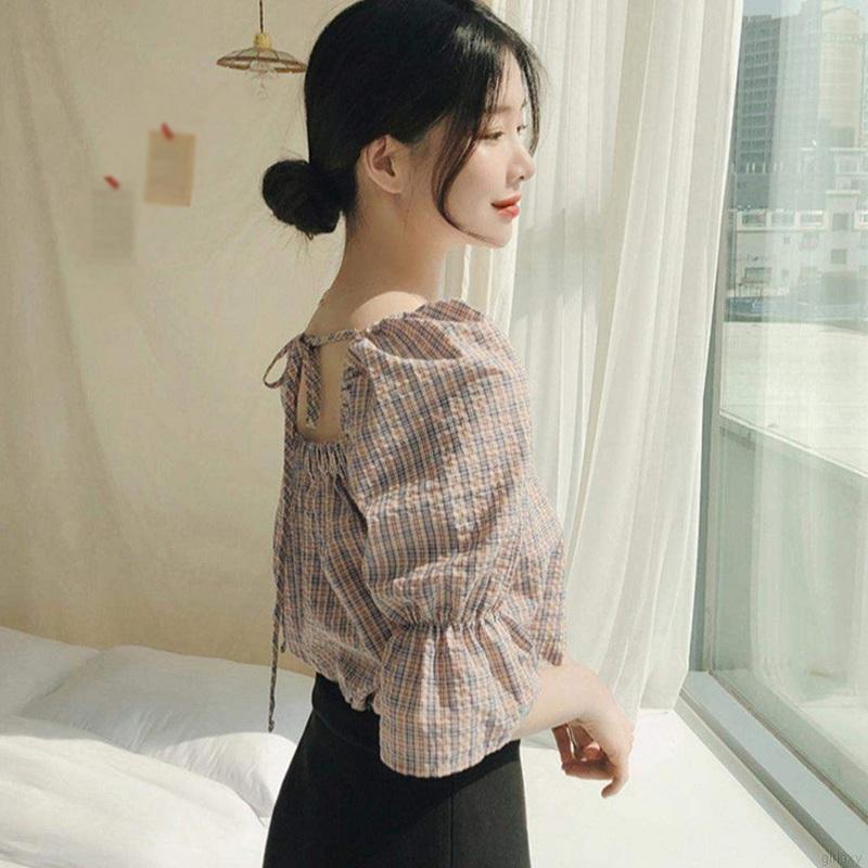 Áo Kiểu Tay Lỡ Cổ Vuông Họa Tiết Sọc Caro Phong Cách Hàn Quốc | BigBuy360 - bigbuy360.vn