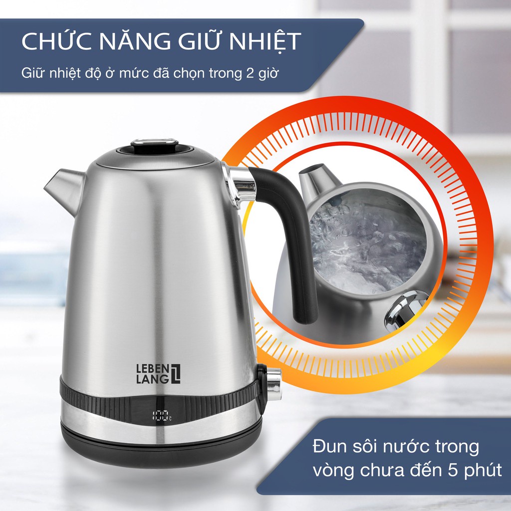 Ấm siêu tốc 1.7L bằng inox 304 LEBENLANG, điều khiển nhiệt độ, bảo hành 2 năm - LBE2662