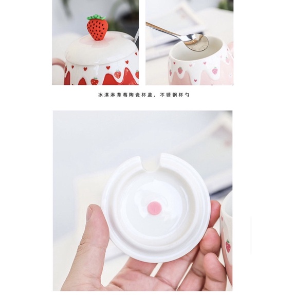 [Hàng mới về] Ly Cốc Sứ Trái Dâu Strawberry kèm nắp đậy và thìa