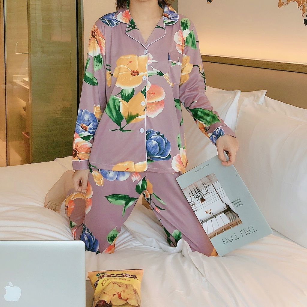 Bộ Đồ Ngủ Dài Tay In Họa Tiết Phong Cách Hàn Quốc Dành Cho Nữ
