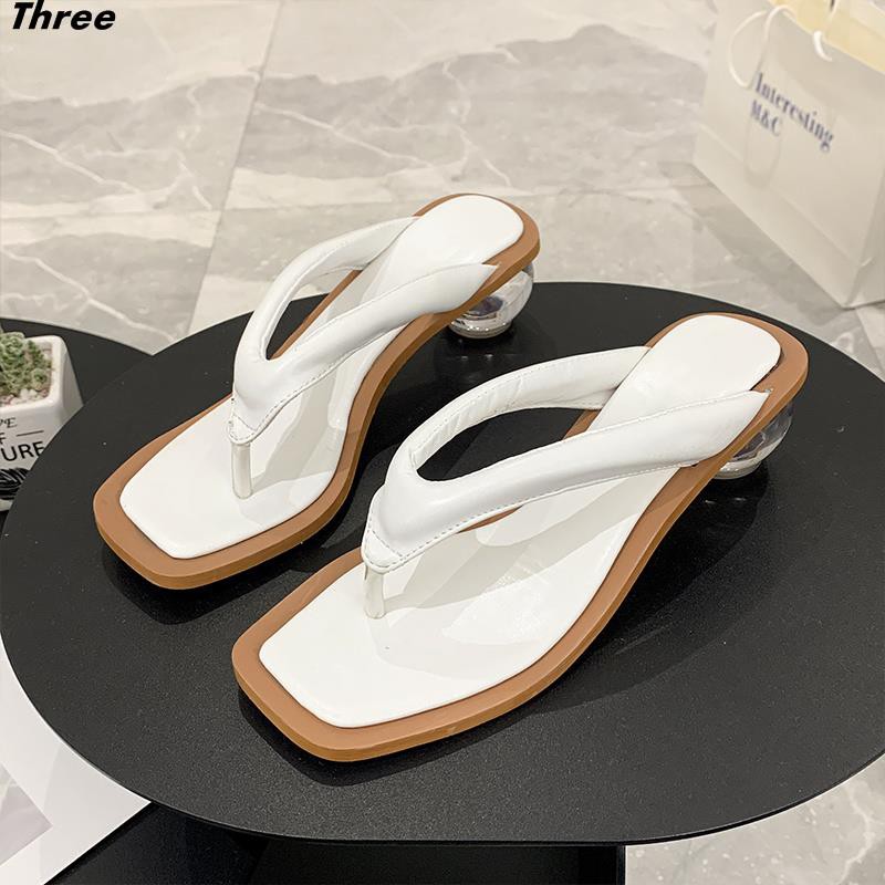 Women's shoes, slippers, cool and fashionable, all-match transparent crystal medium and thick heel flip flops