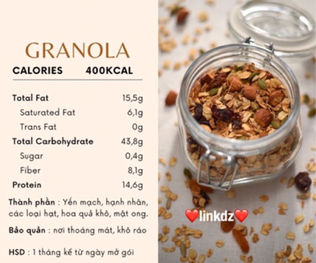 Ngũ cốc không đường - GRANOLA ( Yến mạch, hạnh nhân, hạt điều, nho khô, bí xanh, hạt hướng dương, nam việt quất)