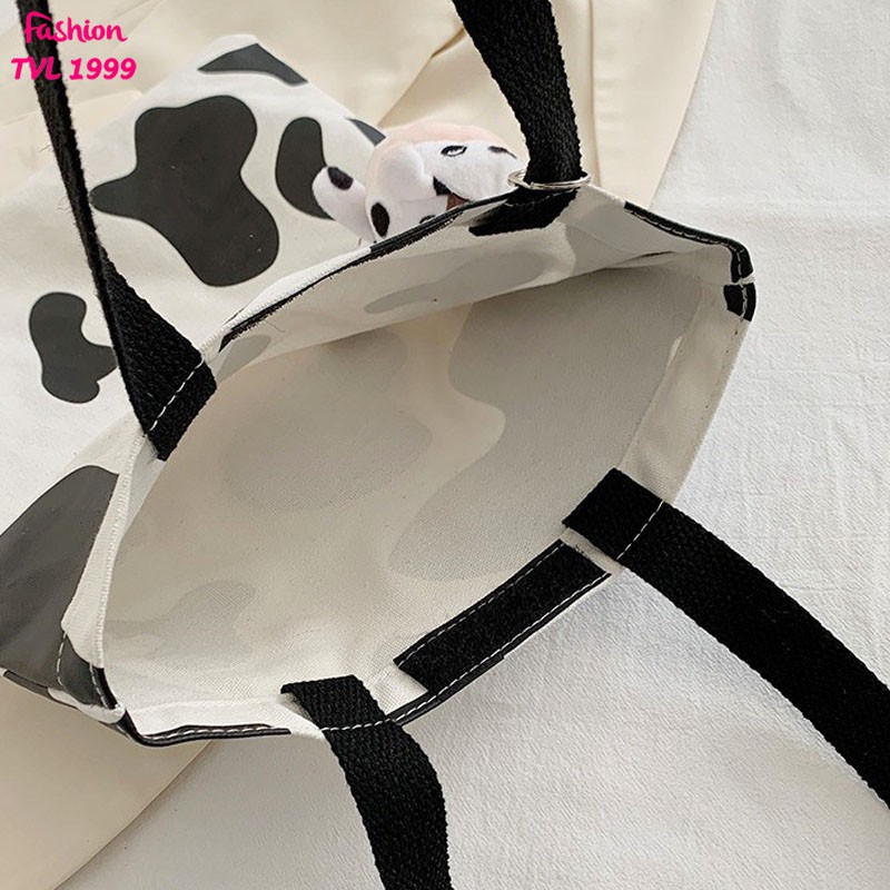 Túi vải đeo vai TVL1999, túi họa tiết bò sữa phong cách Nhật Bản Cao Cấp vải canvas cao cấp mềm mại