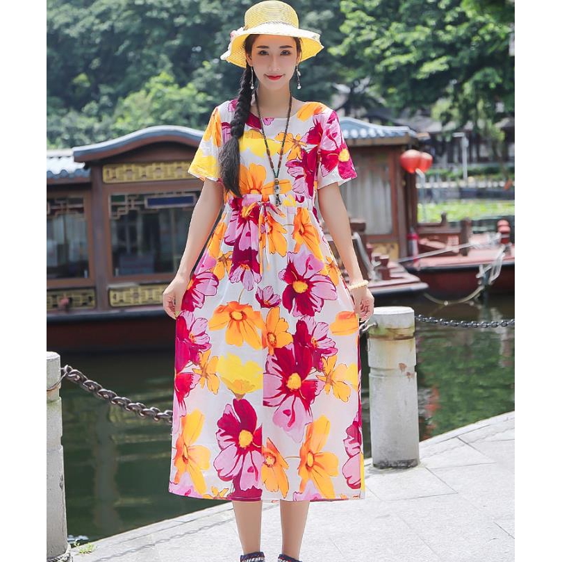 Đầm Cotton Lanh Mỏng Dáng Rộng In Hoa Cổ Điển Mới Chất Lượng Cao | BigBuy360 - bigbuy360.vn