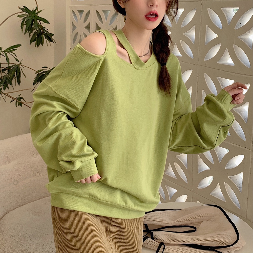 Áo sweater trễ vai dáng rộng tùy chọn màu sắc phong cách Hàn Quốc dành cho nữ