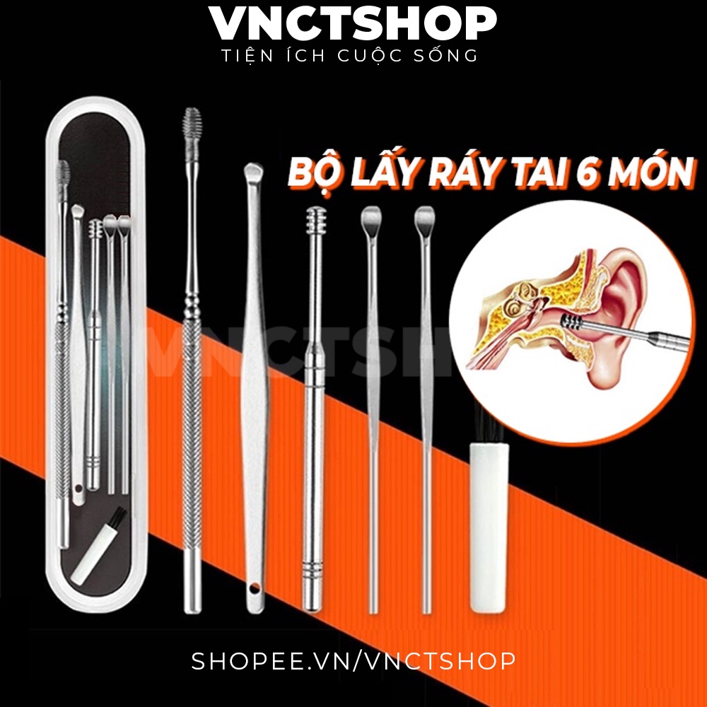 Bộ lấy ráy tai, bộ dụng cụ ngoáy tai 6 món chuyên nghiệp vệ sinh tai cho bé trẻ em bằng inox