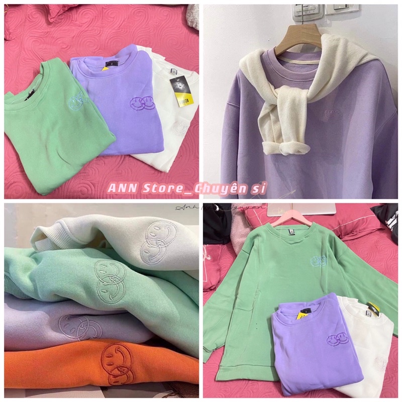 Áo nỉ cổ tròn thêu mặt cười màu pastel (ảnh thật_annstore)