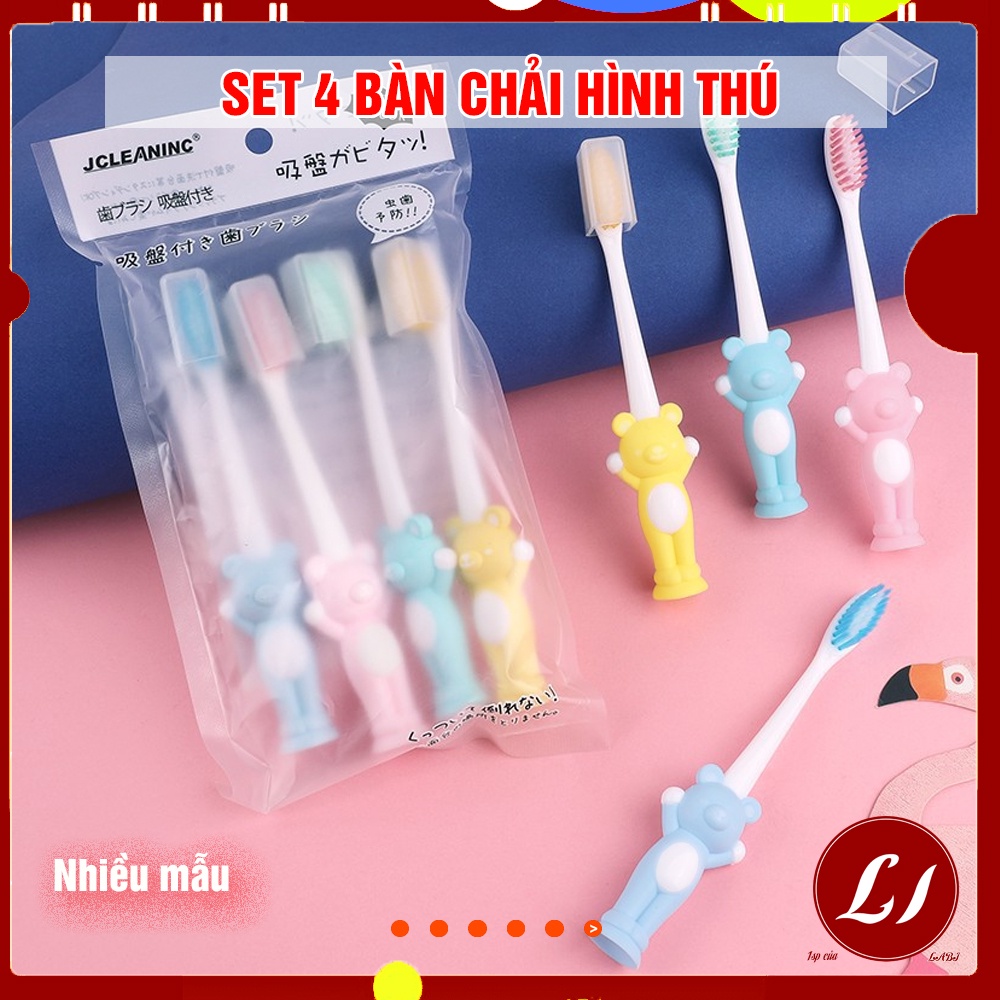 Bộ 4 Bàn chải đánh răng hình thú, đế chống trượt cho bé