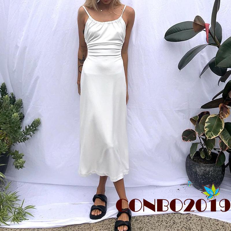 Đầm Dài Hai Dây Hở Lưng Màu Sắc Trơn Quyến Rũ Dành Cho Nữ
