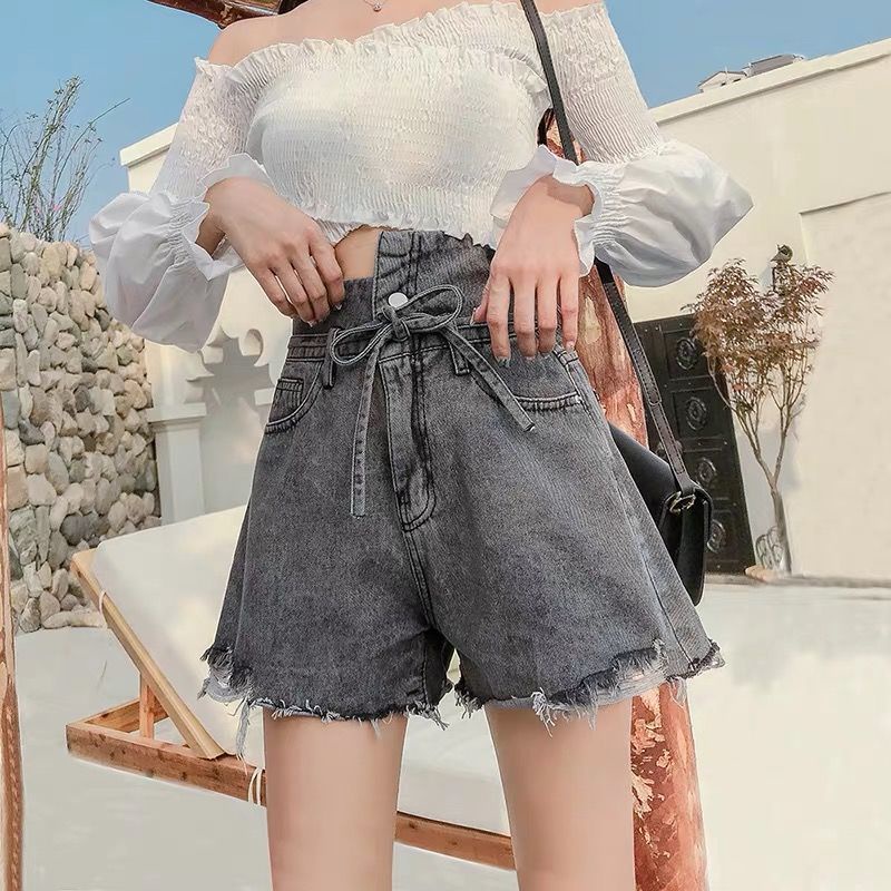[LININ] Quần Short Denim Lưng Cao Dáng Rộng Màu Xám Khói Có Dây Cột Phong Cách Mới Mùa Hè Cho Nữ @ a @