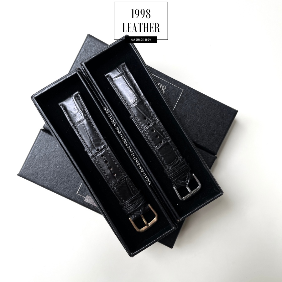 Dây Đồng Hồ Da Cá Sấu Thật Size 22mm, 20mm, Handmade Cao Cấp, Màu Đen, Chống Nước, Chính Hãng, Bảo Hành 6 Tháng