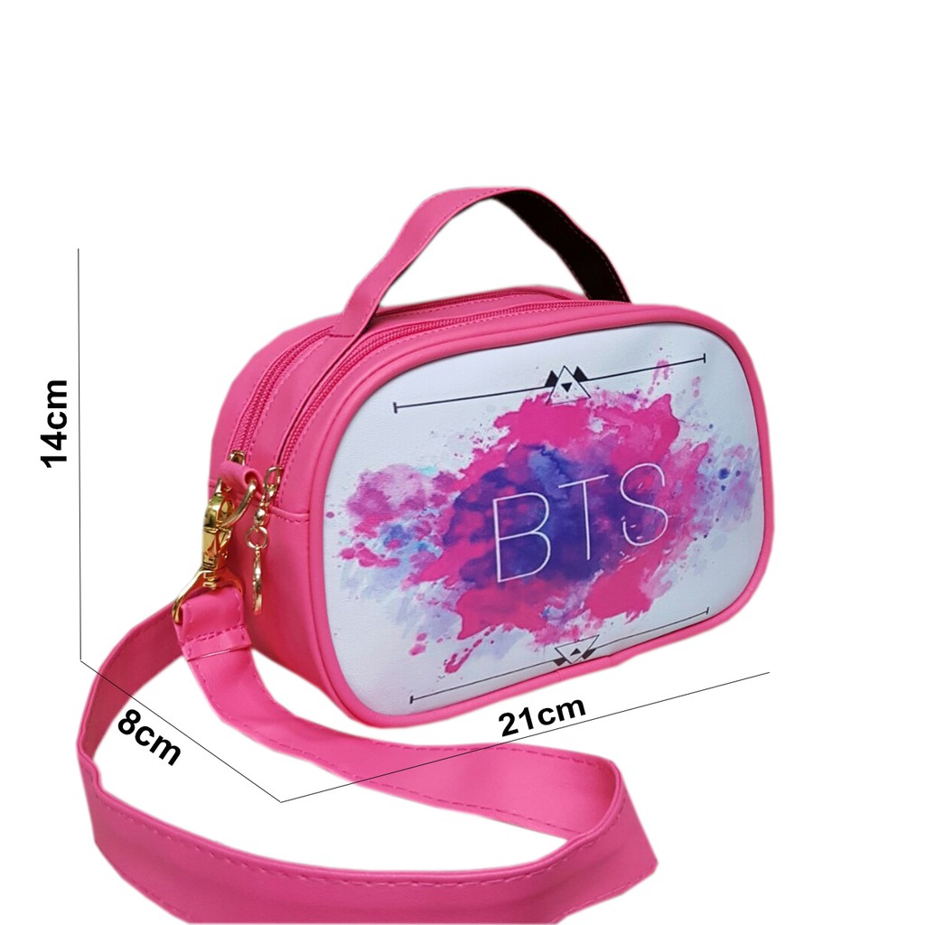 Túi da đeo chéo in logo BTS hồng