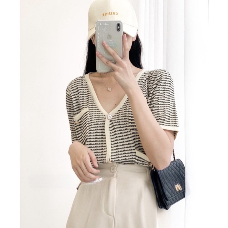 Áo len cardigan cộc tay cúc số 5 - 208AL14 - Đenta shop