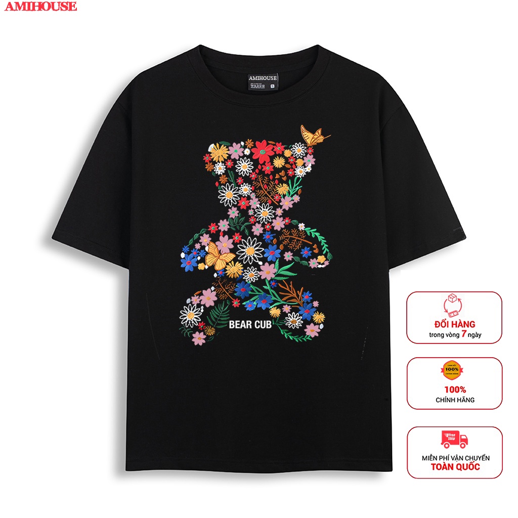 Áo thun tay lỡ AMIHOUSE gấu hoa unisex