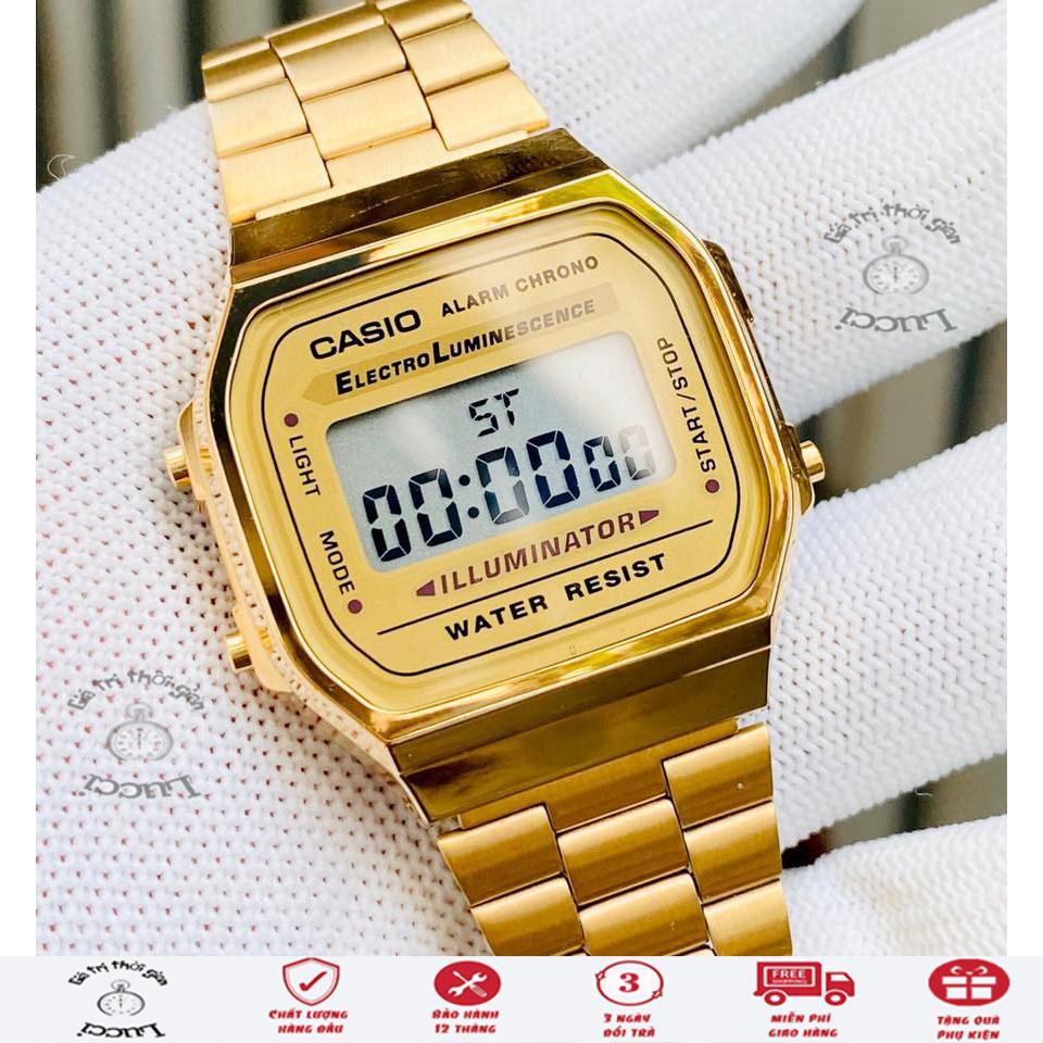 [ Chính hãng Full box] Đồng hồ Casio điện tử A168WG-9WDF Nam Nữ mặt vuông, dây thép không gỉ, chống nước tốt