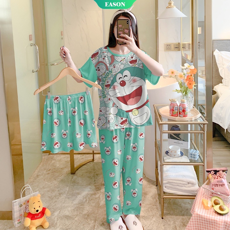Bộ Đồ Ngủ 3 Món Tay Ngắn In Hình doraemon Dễ Thương Dành Cho Bạn Nữ Mặc Ở Nhà