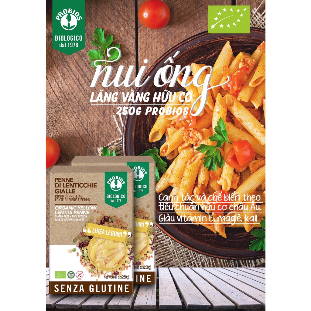 Nui Ống Lăng Vàng Hữu Cơ 250g ProBios Organic Yellow Lentils Penne