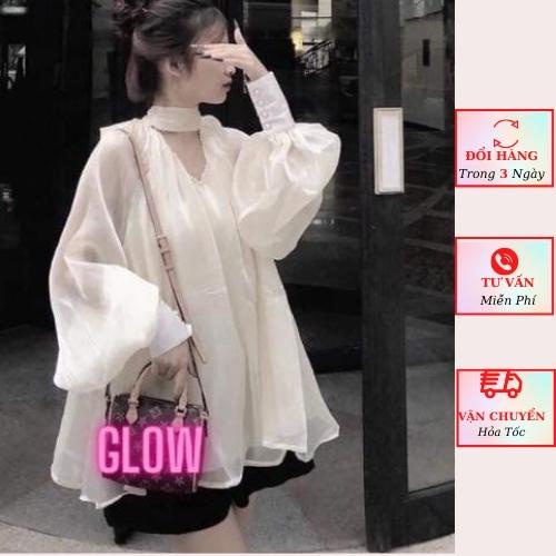 Áo sơ mi babydoll nữ voan tơ cổ ngọc nơ lưng tay bồng tiểu thư bánh bèo Hàn Quốc
