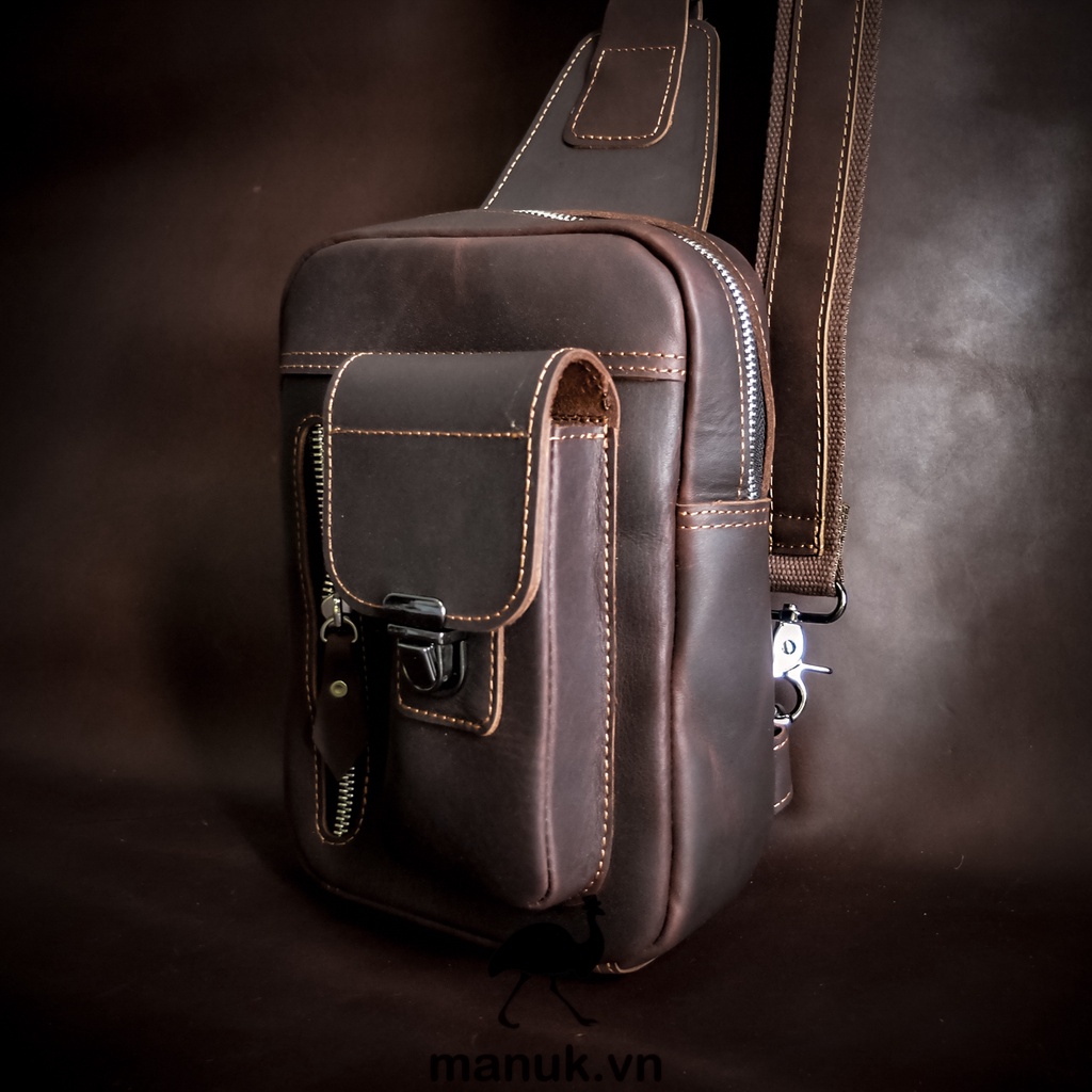 Túi đeo chéo da bò thật, da bò sáp nhập khẩu cao cấp Pocket sling bag nâu đen - Manuk vn Leather Design