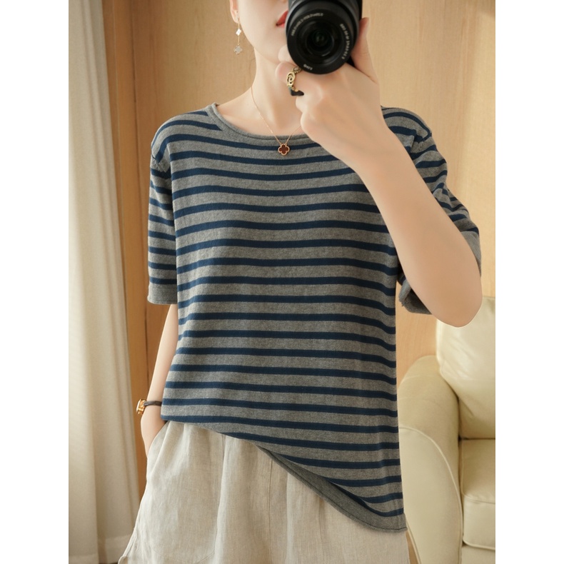 Áo thun tay ngắn cổ tròn dáng rộng chất liệu cotton lanh dáng rộng cho nữ