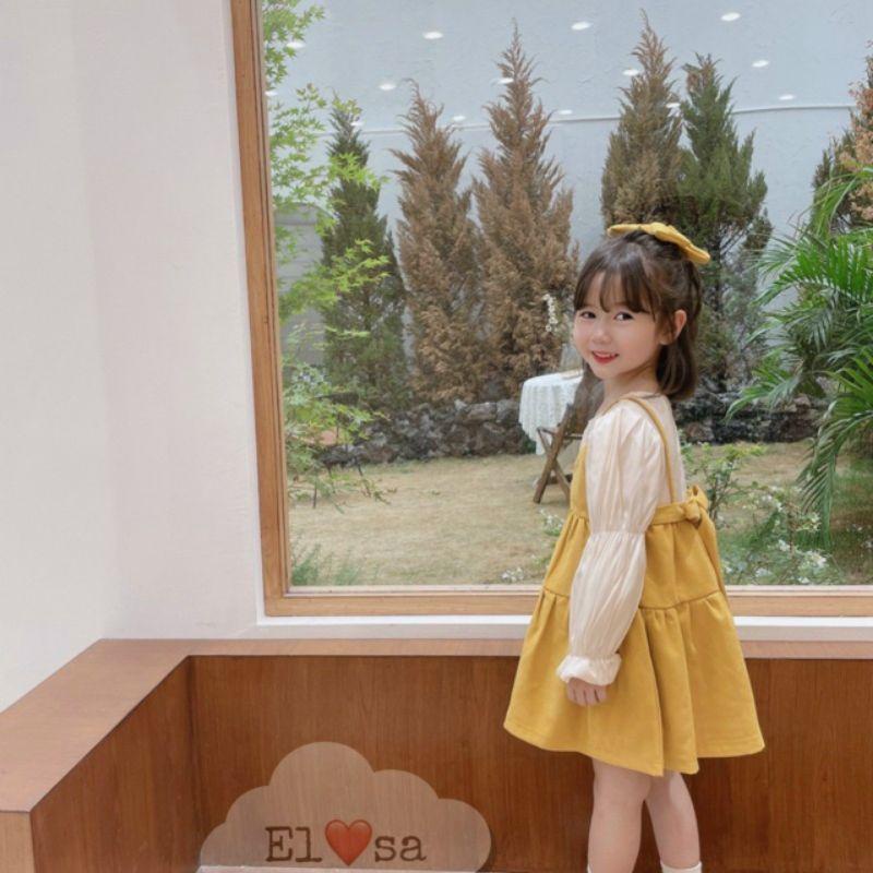 Váy Yếm Thắt Nơ Dài Tay Bồng Sang Chảnh Xinh Đẹp Cho Bé Gái 8-25kg