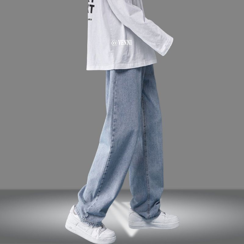 Quần jean VENNI nam nữ ống rộng quần dáng suông màu xanh nhạt - JOR01