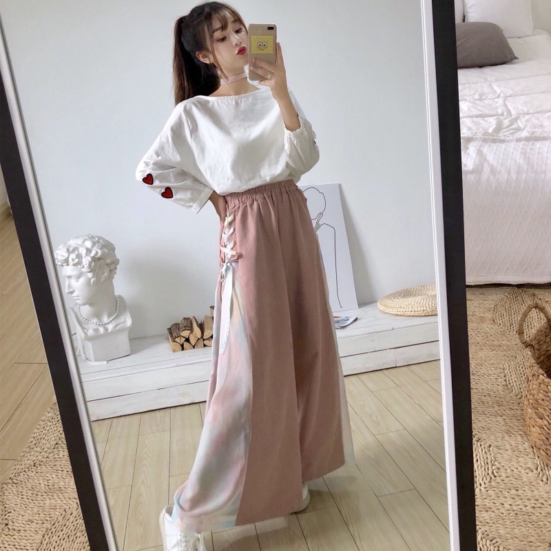 SET Quần Culottes dài ống rộng phối voan + Áo tay dài Ulzzang thêu tim siêu xinh phong cách Hàn Quốc (Hàng order )
