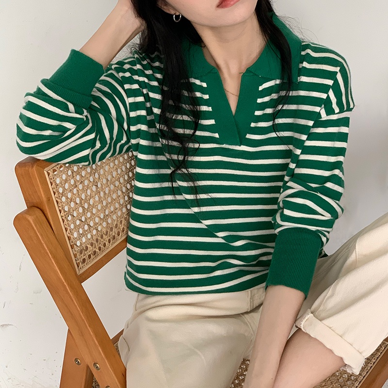 Áo sweater SUXI dệt kim cổ V dáng rộng kẻ sọc màu sắc tương phản kiểu Hàn Quốc thời trang thu đông cho nữ