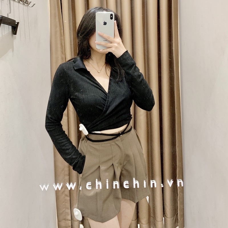 Áo croptop tay dài vạt chéo thắt eo