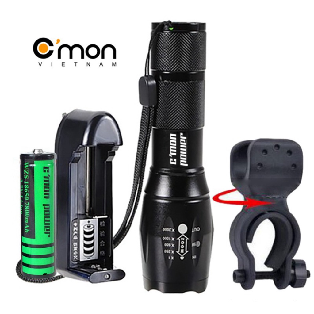 Bộ 1 đèn pin siêu sáng C'MON GUARD XML-T6 10w chiếu xa 500m + 1 pin sạc 18650 + 1 cục sạc + giá gắn xe đạp (đen)