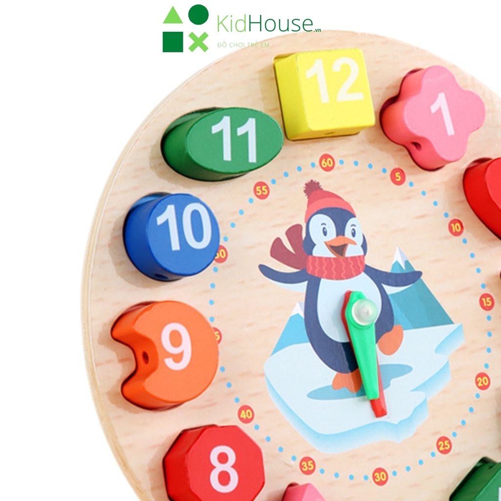 Đồ chơi gỗ montessori đồng hồ hình khối chim cánh cụt thông minh giúp bé học tập KidHouse.vn