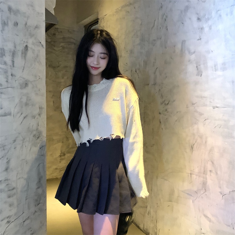 ZHELIHANGFEI Áo sơ mi dệt kim tay dài cổ cao gợi cảm - vai ngọt ngào đa năng