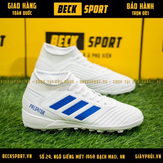 Giày Bóng Đá TQ Predator 19.3  Trắng Vạch Xanh Biển Cao Cổ TF