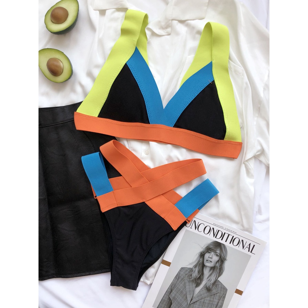 Set bikini màu sắc nổi bật lưng cao có mút nâng ngực quyến rũ dành cho nữ LG61