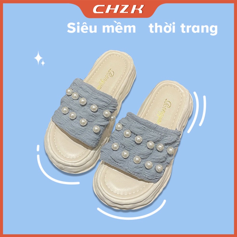 CHZK Dép Sandal Thiết Kế Ren Đính Ngọc Trai Thời Trang Cho Nữ