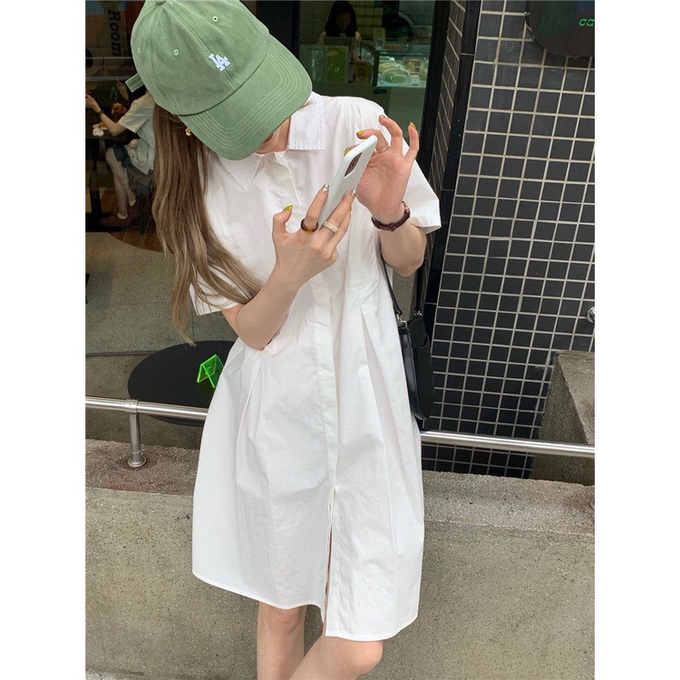 [Ảnh thật/Sẵn] Đầm - Váy sơ mi túi ngực xếp li eo dáng chữ A