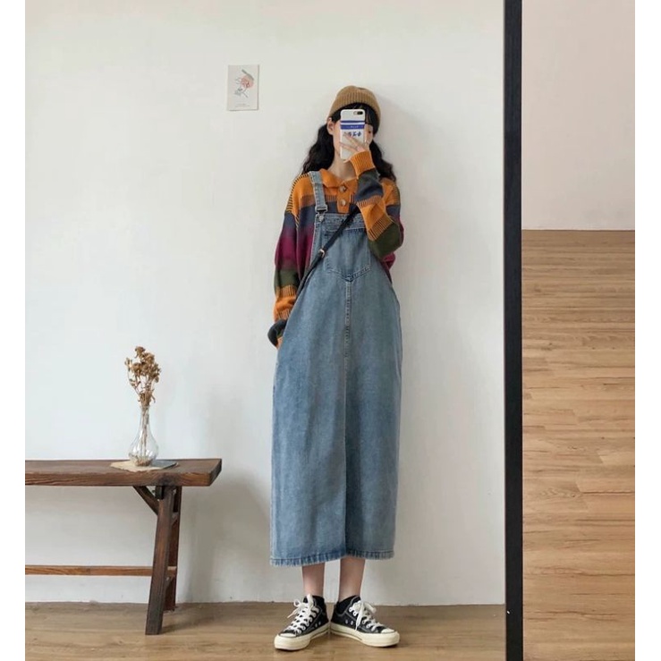 Váy yếm jeans dài dáng chữ A, phong cách Hàn Quốc - Hàng mới về