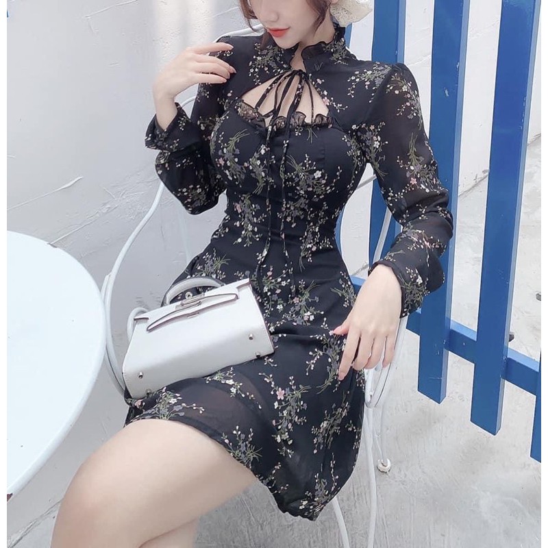 Đầm hoa cutout ngực viền bèo thắt nơ cổ 10268