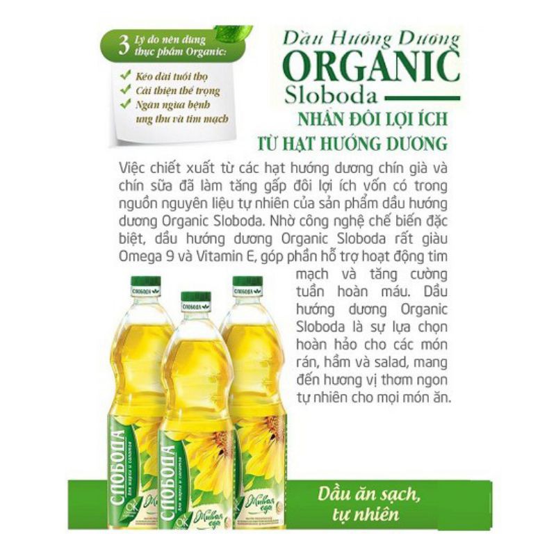 Dầu ăn hướng dương hữu cơ Organic SLOBODA Nhập khẩu nguyên chai từ Nga