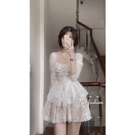 váy ren tầng cổ vuông ( ảnh thật shop chụp)