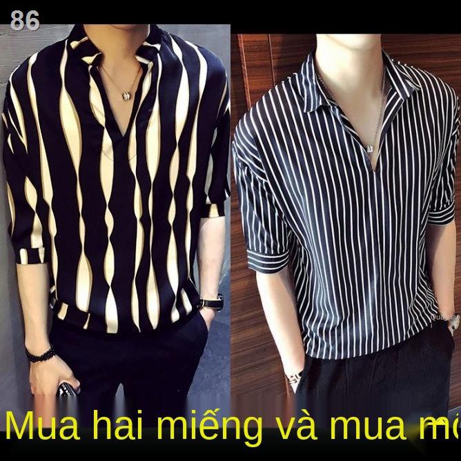 net Áo sơ mi VIP ngắn tay người nổi tiếng đời thường Phiên bản Hàn Quốc của xu hướng làm tóc giả áo pull kẻ sọc nửa tayT
