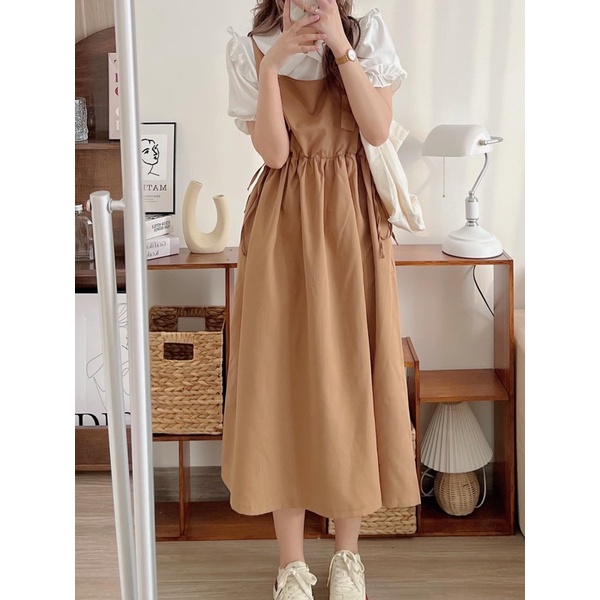 Set yếm babydoll dáng dài rút eo kèm áo sơ mi tay bồng viền bèo ulzzang