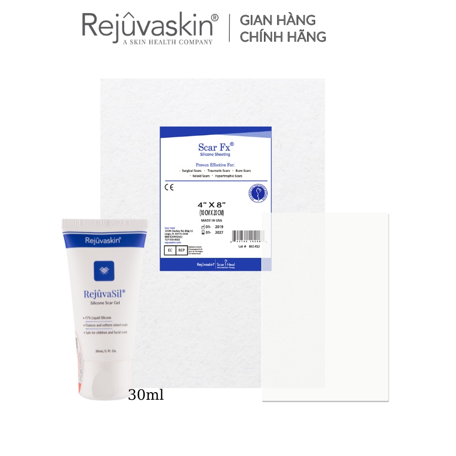 Bộ sản phẩm xóa mờ sẹo lồi REJUVASKIN Scar Heal Kit ( 30ml và 10x20cm)