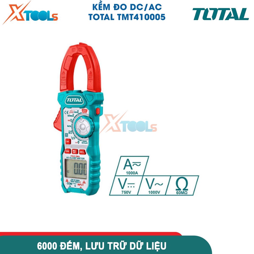 Kềm đo DC/AC kỹ thuật số TOTAL TMT410005, thiết bị điện vạn năng chất liệu cao cấp 6000 số đếm, lưu -CHÍNH HÃNG-XTOOLS