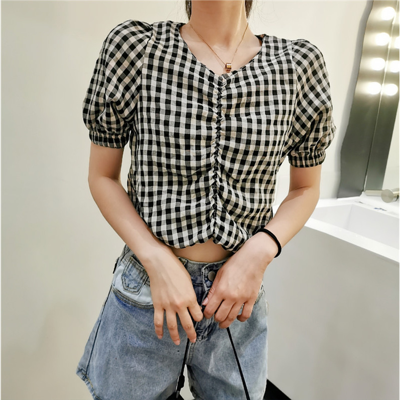 Women's French Retro V-neck Short Sleeve Plaid Shirts Loose Fashion Summer Crop Tops | BigBuy360 - bigbuy360.vn